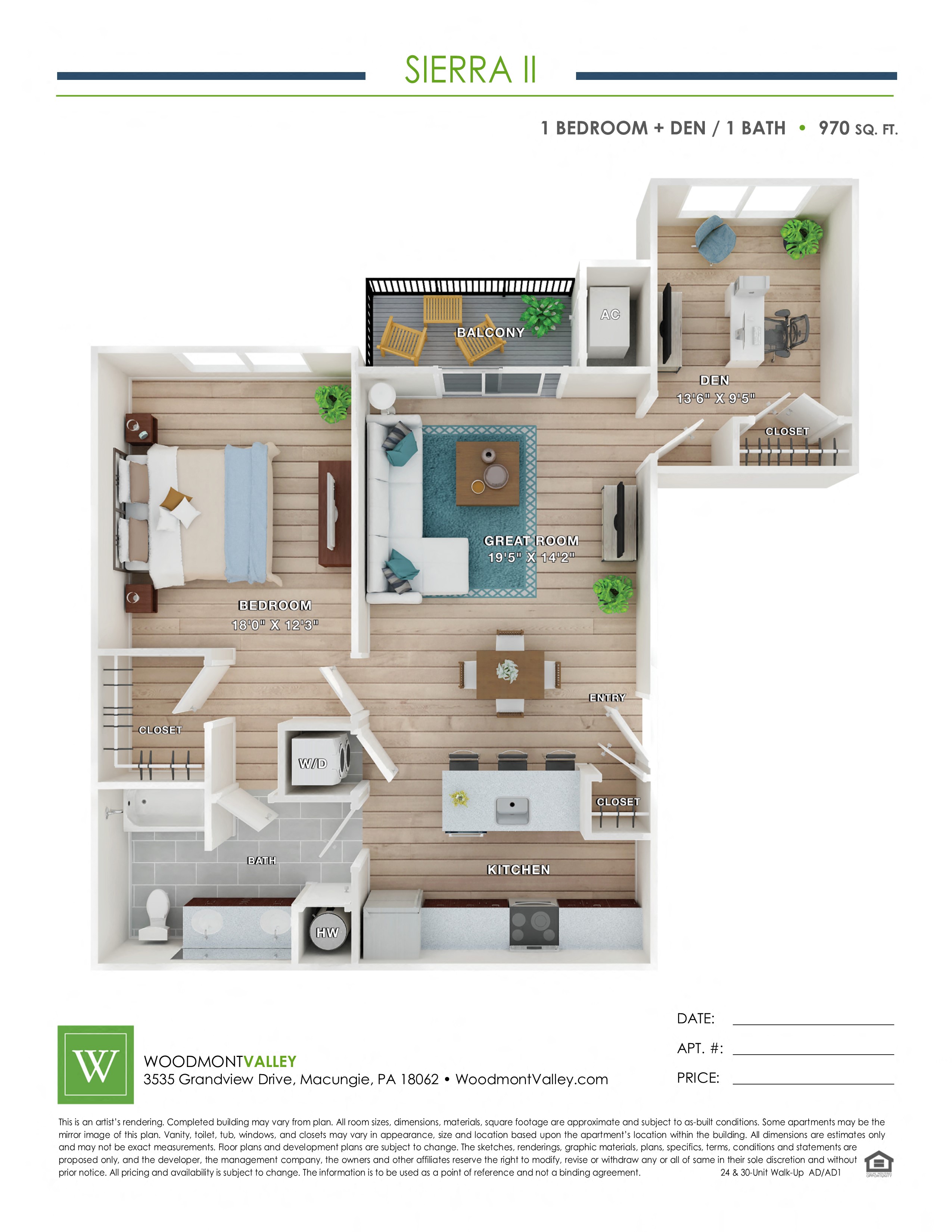 Floor plan for 1 bed, 1 bath, 970 sqft